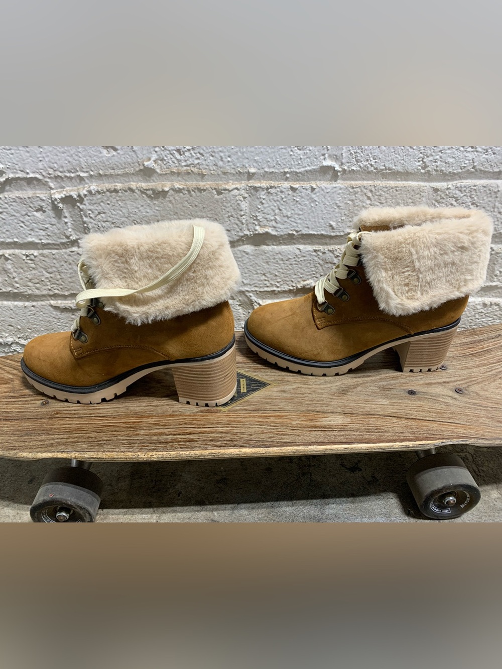 Women's Tan Faux-Suede Fur-Trim Lace-Up
Heeled Ankle Boot - SIZE 6 1/2 - Picture 6 of 16